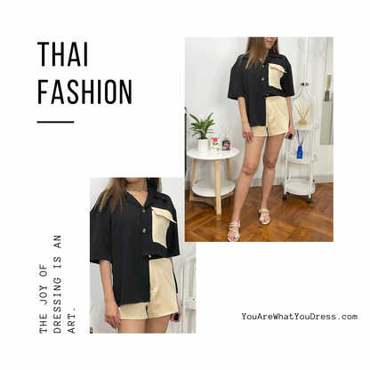 【泰國時裝】不規則短袖襯衫短褲套裝（黑＋卡其）