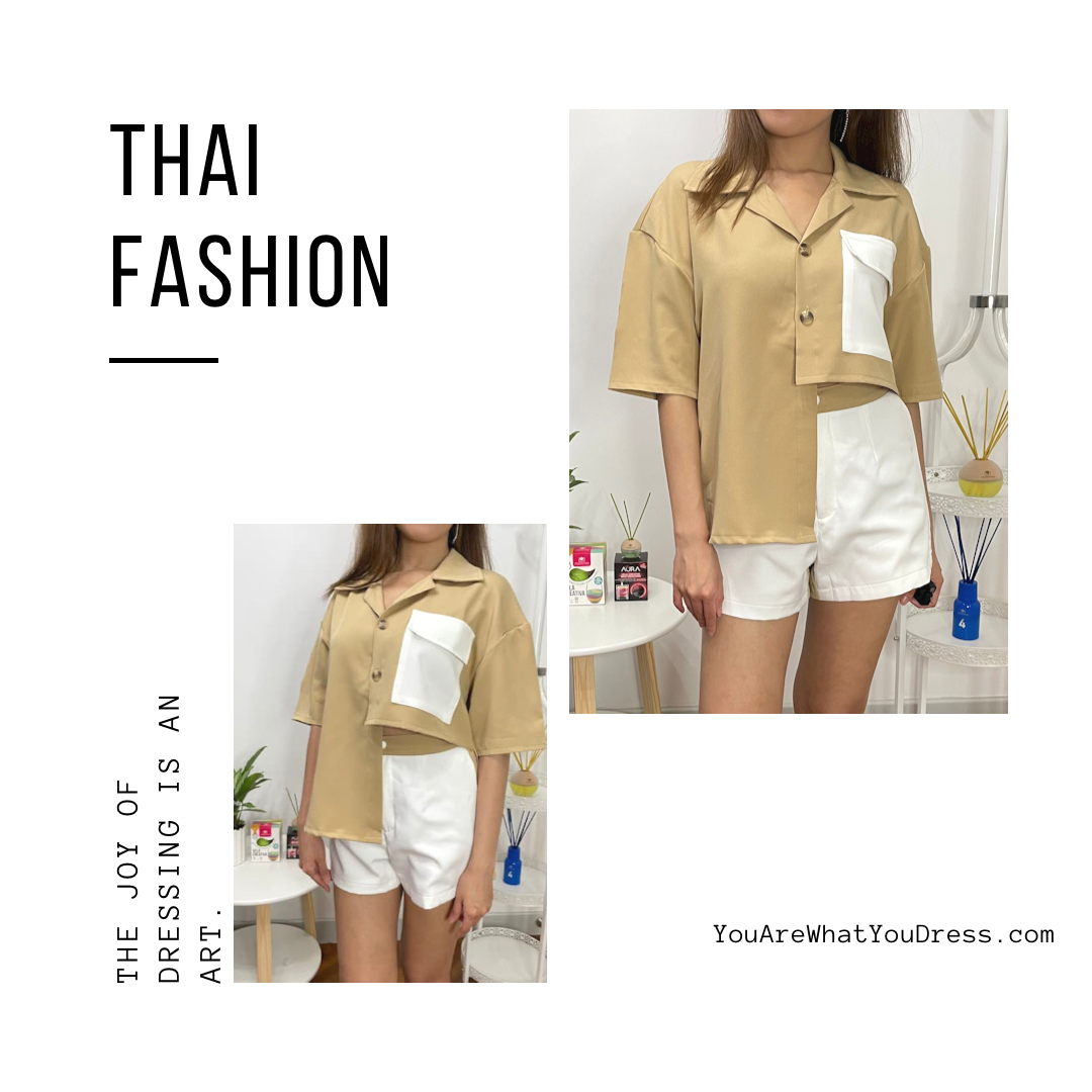 【泰國時裝】不規則短袖襯衫短褲套裝（卡其＋白）